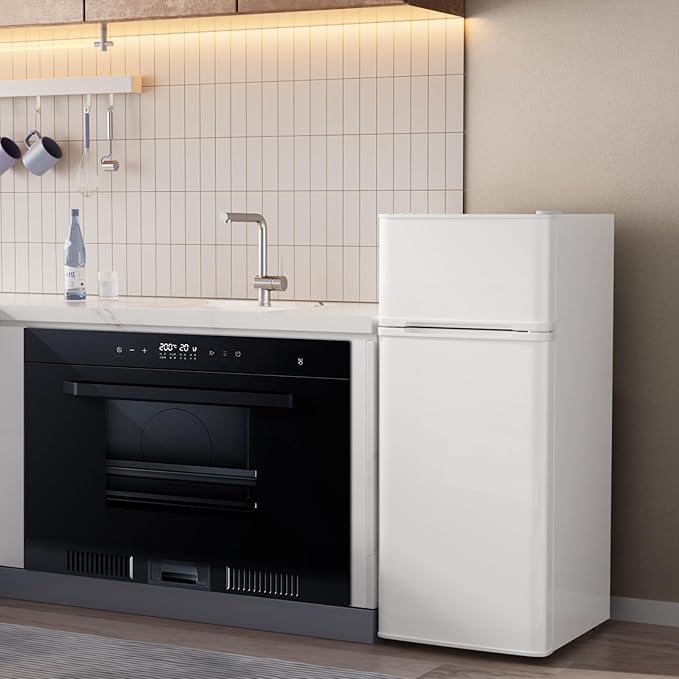 TABU 4.5 Cu.Ft Refrigerator with Top Freezer, Compact Double Door Fridge with Adjustable Thermostat & Removable Shelves, for Home, Office and Apartment, White