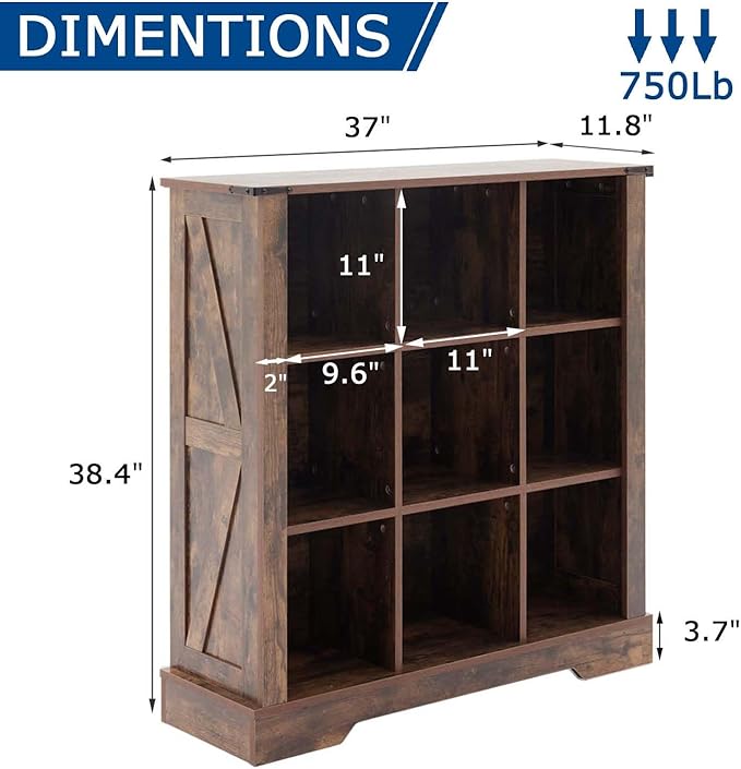 9 Cube Storage Organizer, 3 Tier Bookshelf for Living Room, Farmhouse Bookcase with Led, Kids Toy Storage Cabinet, Wall Cubby Shelves for Home Decor, Wood Display Cabinet for Bedroom, Brown