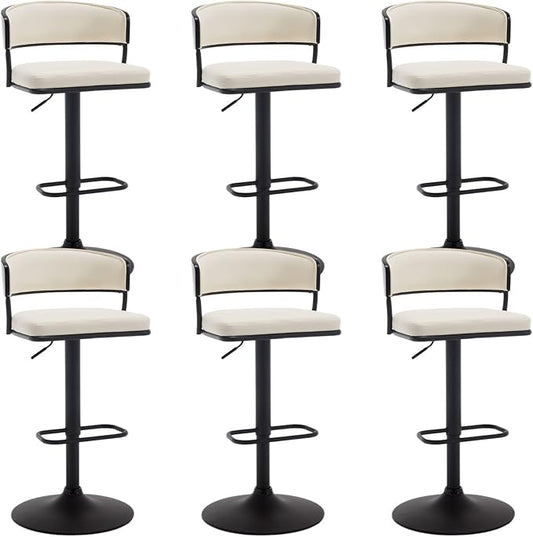Adjustable Modern Bar Stools Set of 6 Faux Leather Barstools Swivel Counter Height Bar stools with Curved Back/Black Metal Base Comfy Upholstered Bar Chairs for Kitchen Island, Beige