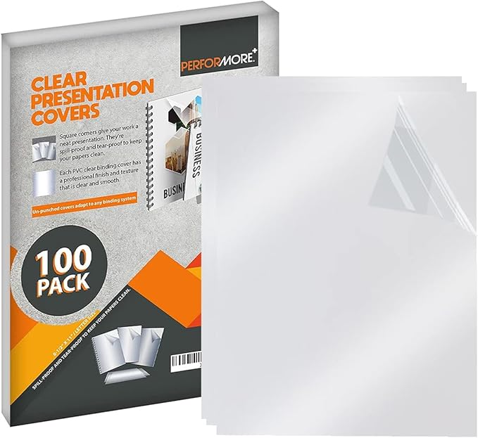 PERFORMORE 100 Pack of Binding Presentation Covers for Binding Machines, 8.5" X 11" 0.18mm Thick, Crystal Clear Plastic Report Covers for Documents Files and More