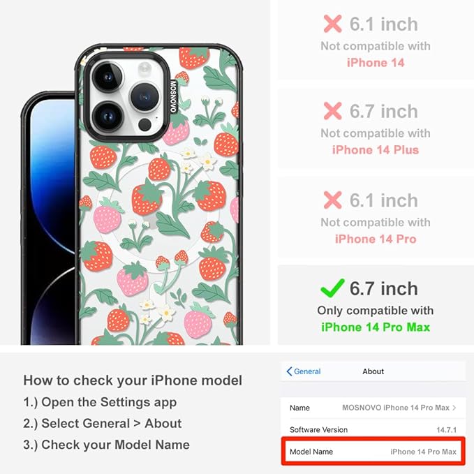 MOSNOVO Magnetic Case for iPhone 14 Pro Max, 10ft Military-Grade Protection, Compatible with Magsafe, Shockproof Phone Case for iPhone 14 Pro Max - Strawberry Garden - Clear Black