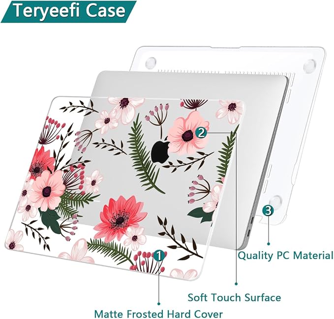 Teryeefi Compatible with M2 M1 MacBook Pro 13 Inch Case A2338 A2289 A2251 A2159 A1989 A1706 A1708 (2024 20203 2022-2016), Hard Shell Case & Keyboard Cover for Mac Pro 13" - W-Floral Pattern