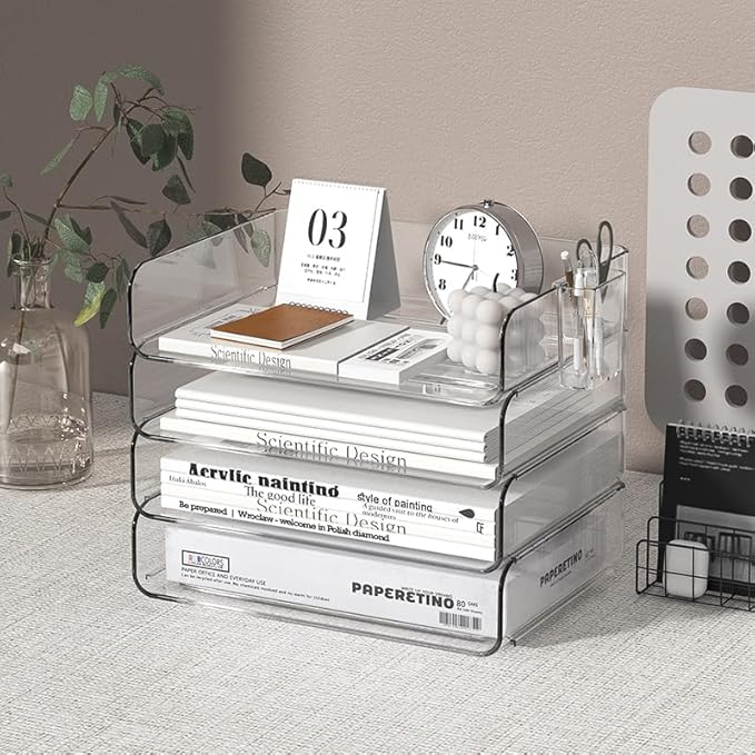 4-Tier Stackable Paper Tray Organizer for Desk with Detachable Hanging Pen Cup - Durable PET Desktop Paper Organizer, Space-Saving Desk Accessory