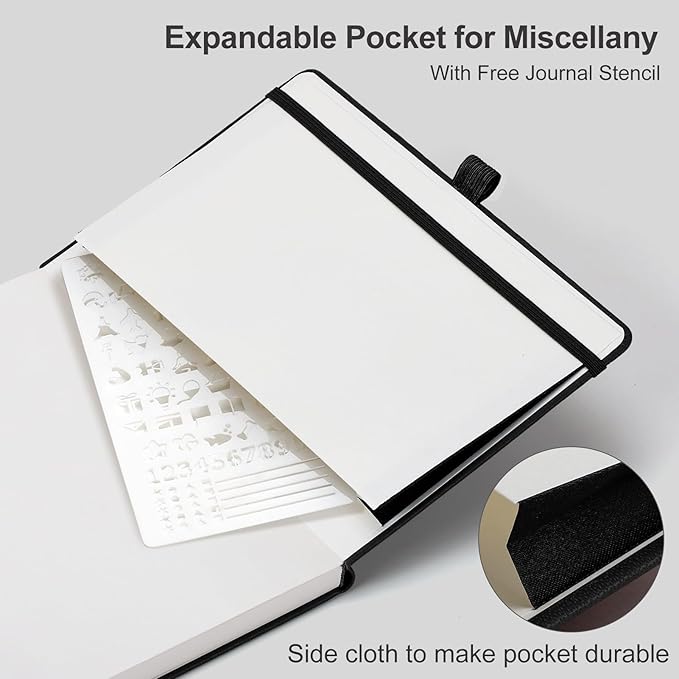 AHGXG Bullet Dotted Journal - 150 GSM Dot Grid Notebook Journal, Thick Acid-Free Paper, A5 Dotted Notebook 128 Pages, Leather Hardcover, Inner Pocket, Journal Stencil, 5.7'' × 8.3'' - Black