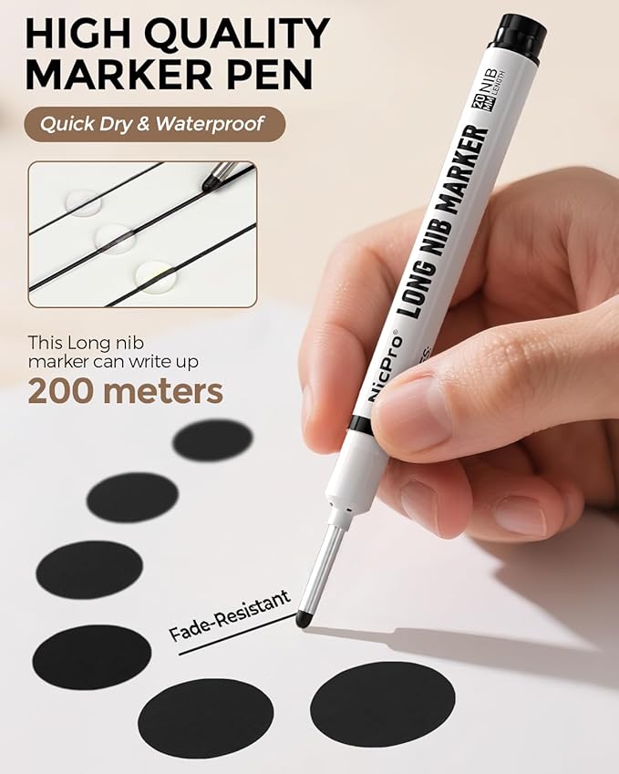 Nicpro 72 PCS Long Nib Marker Pens, 20mm Deep Hole Markers Bulk, Quick Dry & Waterproof Construction Marker, Long Head Mark Pens for Metal, Steel, Tile, Glass, Carpenter Marking Tool for Woodworking