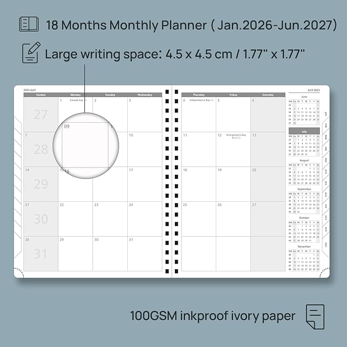 POPRUN Monthly Planner 2026-2027 (Large 8.5" x 10.5") 18 Months Calendar (Jan 2026 - Jun 2027) - 4 Pages per Month with Expense & Notes, Stair-like tabs, Leather Cover, Sunday Starts - Purple
