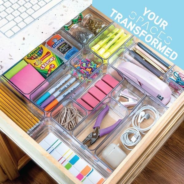 Fifteen Pieces. Plastic Clear Drawer Organizers. Bathroom, Kitchen, Bedroom, Utensils, Office Organizer Bins, Storage Trays. Heavy Duty, Stackable 5 Sizes.