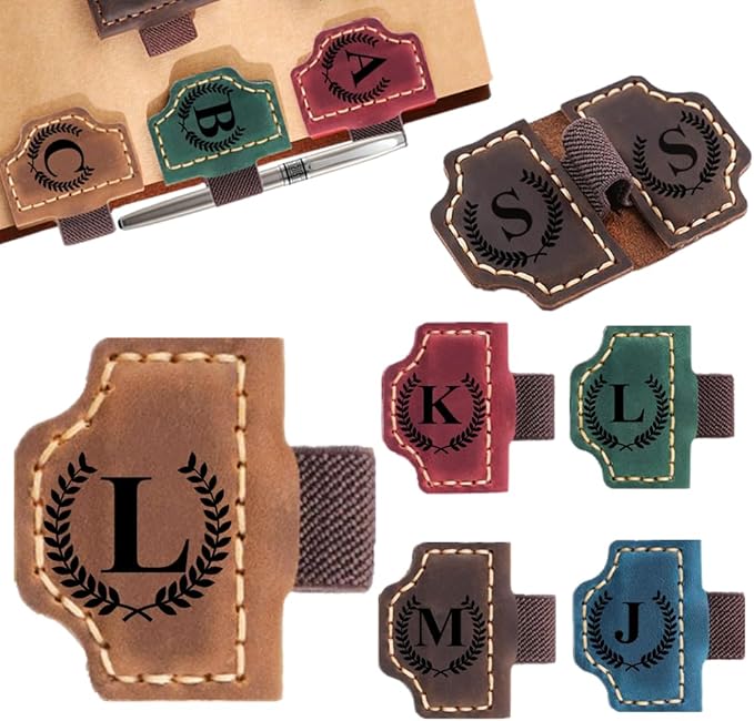 Custom Bookmark with Pen Holder with 26 Letters Personalized Magnetic Leather Book Mark, Customized Name Book Marker Clip with Initial for Men Women, Gifts for Book Lovers, Readers, (Brown, L)