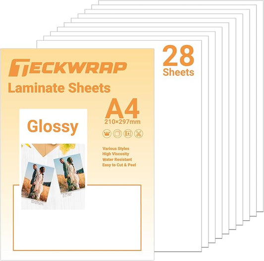 TECKWRAP Laminating Sheets Clear Laminate Sheets Sticker Paper for Inkjet Printer Clear Vinyl for Printable Vinyl Sticker Paper Photo Paper 8.26" x 11.69" A4 28 Sheets, Glossy