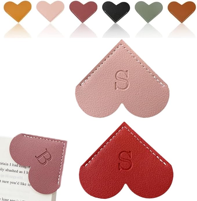 Personalized Leather Heart Bookmark, 26 Letters Customized Corner Book Mark for Reading Women, Book Marker with Initials，Cute Gifts (Red+Light Pink, S)
