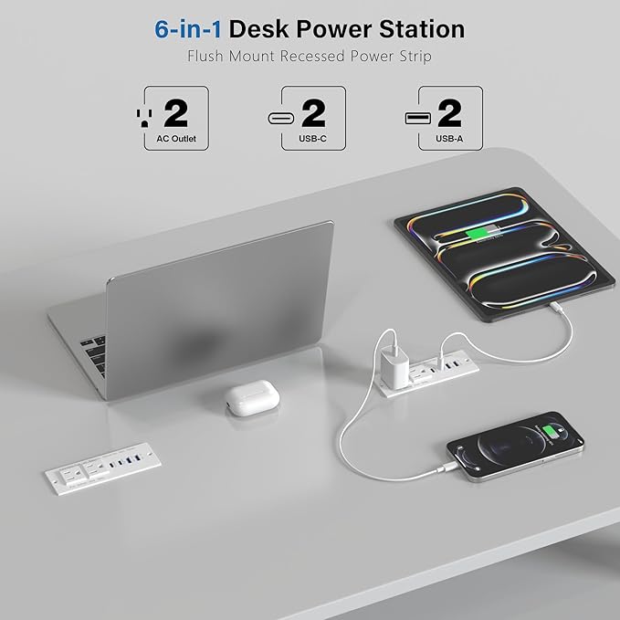Recessed Power Strip Fast Charging Station 2 PD 65W USB C, Flush Mount Countertop Drawer Outlet, Furniture Hidden Charging Station for Side Table, End Table,2 AC Outlets (White, 6 FT Cable)