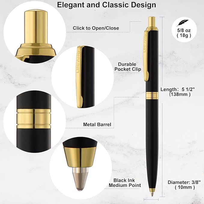 LINFANC 4 Pack Ballpoint Pens, Premium Retractable Metal Ballpoint Pen, Matte Black with Gold Trim, Medium Point 1.0mm Black Ink Pen for Home School Work Office Supplies, Extra 4 Refills