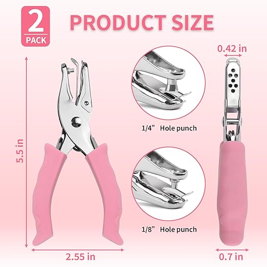Single Hole Punch, 2 Pcs Hand Hole Puncher with Soft Grip Handle, 1/4" and 1/8" Small Hole Paper Punch for Crafts, Scrapbooks, 6 Sheets Capacity, Tags, Tickets - Pink