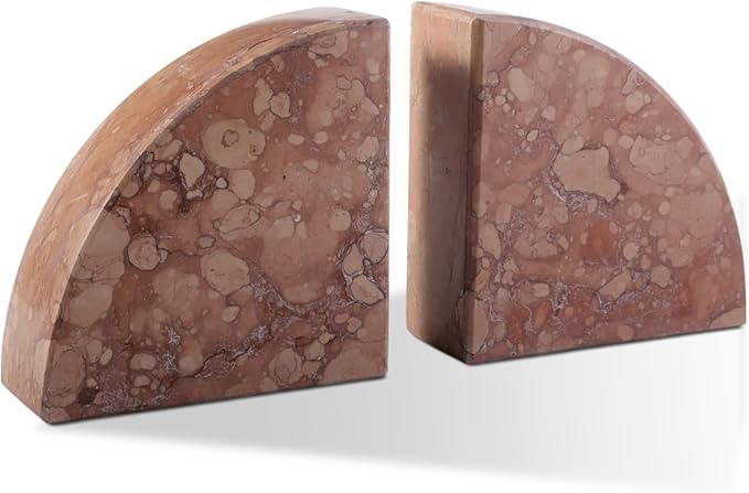Marble Bookend for Shelves, Non-Skid Bookends for Heavy Books, Heavy Duty Book Stopper for CDs, Luxury Book Shelf Holder, Quarter Circle Design Book Ends Decorative, Perlino Rosato, Set of 2