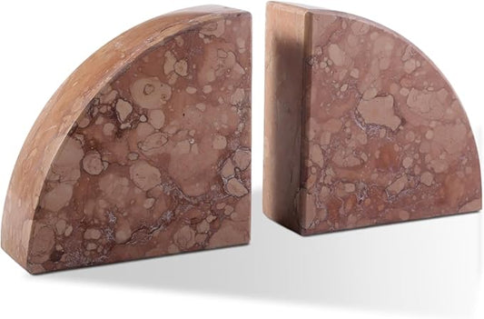 Marble Bookend for Shelves, Non-Skid Bookends for Heavy Books, Heavy Duty Book Stopper for CDs, Luxury Book Shelf Holder, Quarter Circle Design Book Ends Decorative, Perlino Rosato, Set of 2