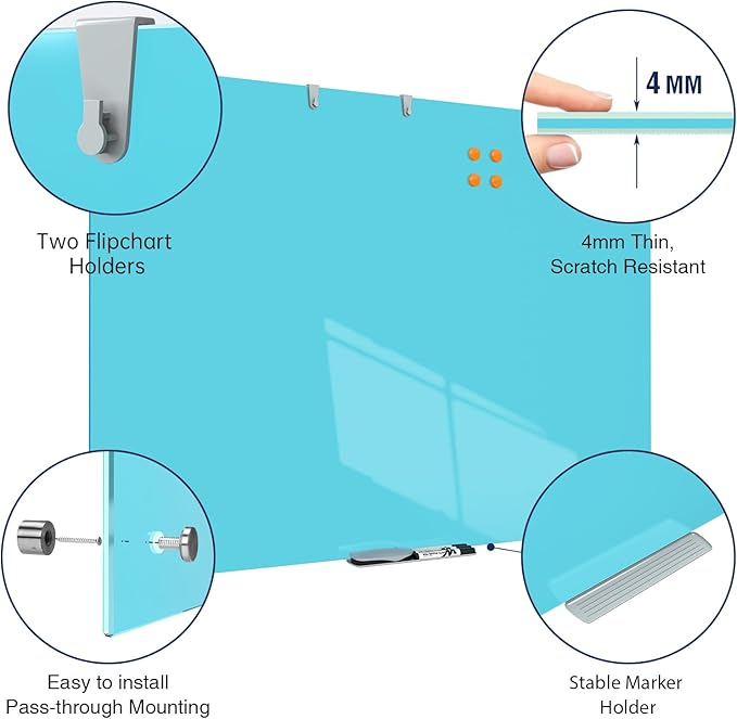 TSJ OFFICE Glass Dry-Erase Board - 48 x 36 Inches Wall Mounted Magnetic Whiteboard, Large Frameless Glass White Board for Office, Home & School, Blue