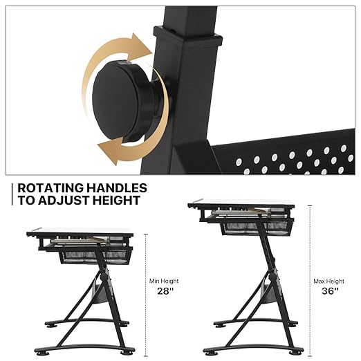 MoNiBloom Art Deco Drafting Table, Height-Adjustable, Tiltable Tabletop, Stool for Reading Writing Painting, Homeschooling Desk for Children with 2 Storage Drawers
