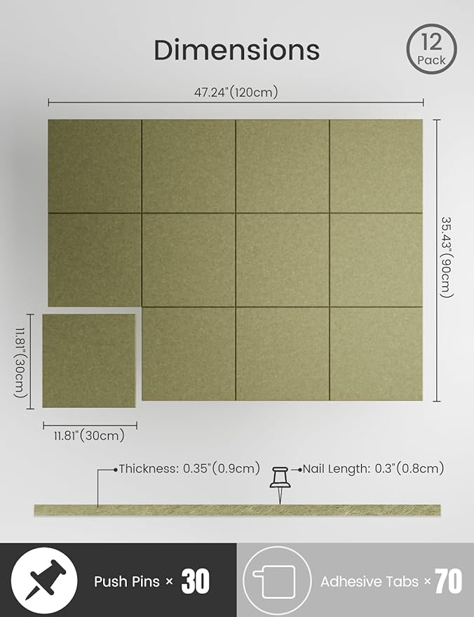 Bumusty Large Cork Board 47"x35" Alternative - 12 Pack Felt Wall Tiles with 70 Safe Removable Adhesive Tabs, 30 Pushpins, Cork Boards for Walls Pin Board Bulletin Board Office Decor (Olive Green)