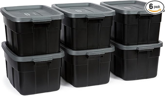 Rubbermaid Heavy Duty Black Storage Bins Plastic Totes with Lids for Storage, Stackable, Large Capacity, Durable, Multipurpose, 14 GAL, 6 Pack (14 GAL - 6 Pack Solid Black and Grey)