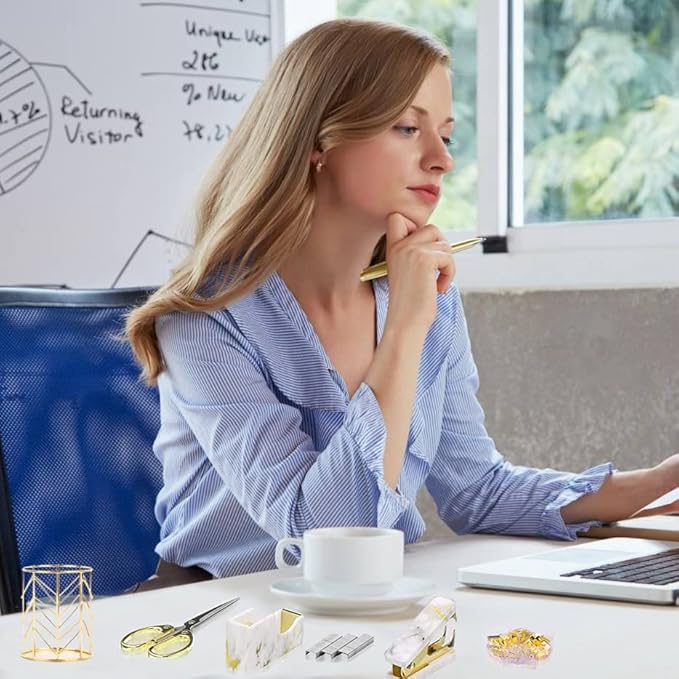 Gold Marble Desk Accessories, Office Supplies Set Stapler Set Staple Remover, Tape Holder, Pen Holder, 2 Ballpoint Pen, Scissor, Binder Clips, Paper Clips and 1000pcs Staples.