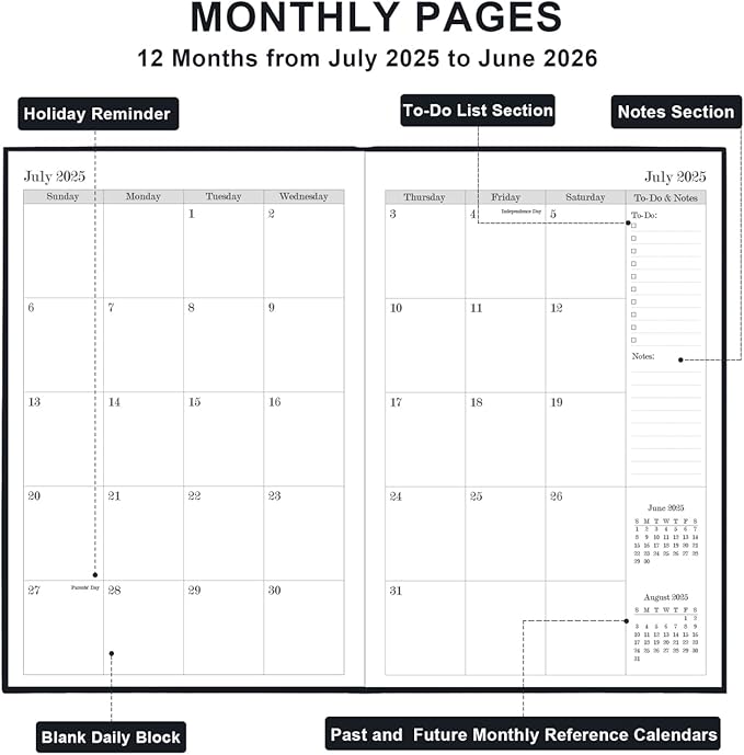 2025-2026 Daily & Monthly Planner - Daily Planner One Page Per Day from July 2025 to June 2026, 5.8'' x 8.3'' Hourly Appointment Book Perfect Organizer Daily Life, Fabric Cover, Black