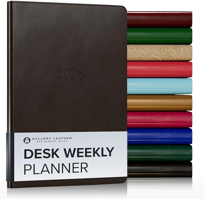 Gallery Leather Desk Weekly Monthly Planner 2025-2026, Elegantly Bound Calendar Planner and Notebook with Stylish Gold-Gilded Page Edges, 12 Months - Monhegan Cocoa - 8 x 5.5 "
