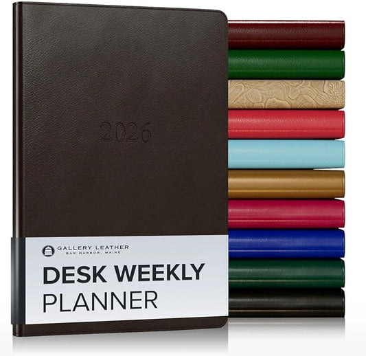Gallery Leather Desk Weekly Monthly Planner 2025-2026, Elegantly Bound Calendar Planner and Notebook with Stylish Gold-Gilded Page Edges, 12 Months - Monhegan Cocoa - 8 x 5.5 "
