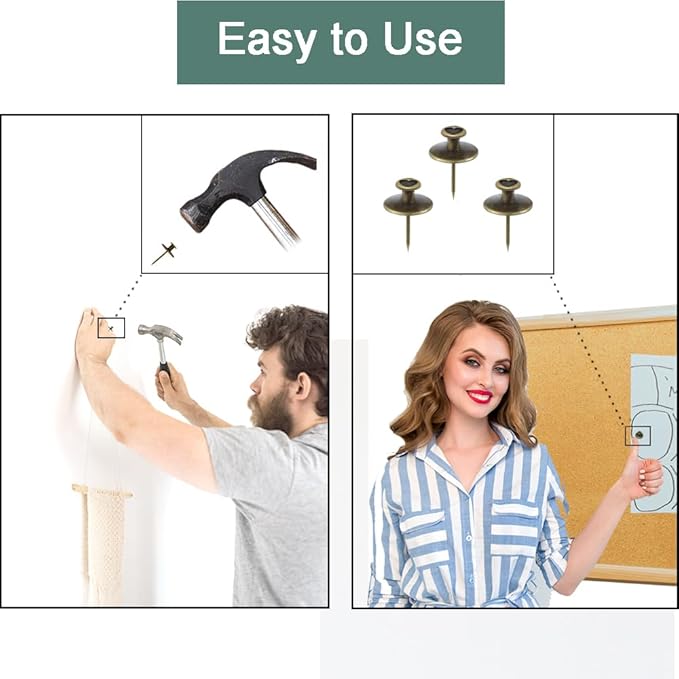 30 PCS Push Pins Picture Hanger Hooks, Double Headed Nails Push Pin Thumbtacks for Wall Hangings Picture, Decorative Small Hook Pins for Drywall Cork Board Home Office Photo Decorations (Bronze)