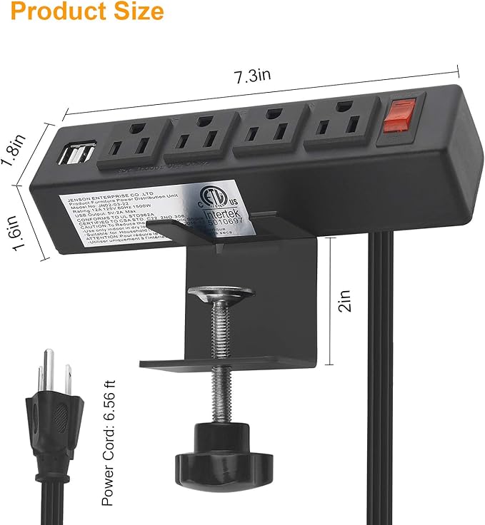 HHSOET Desk Clamp Power Strip, Desktop Power Outlet Clamp Mount with 2 USB Ports, 4 AC Outlets, Mountable Desk Outlet Removable Power Plugs with 6ft Cord.(4AC2USB-Black)
