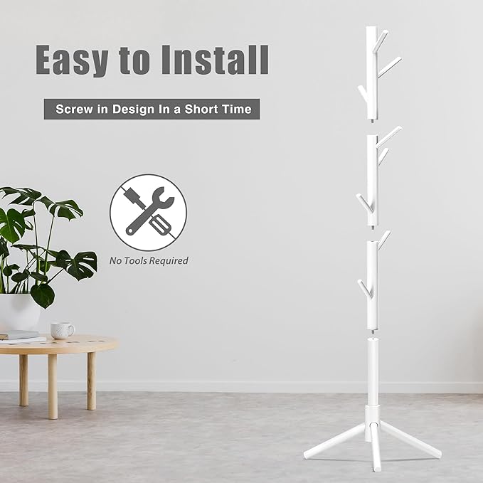 Wooden Coat Rack, Free Standing Coat Rack with 8 Hooks 3 Adjustable Heights for Clothes, Hats, Handbags, Coat Tree Easy Assembly for Entryway, Bedroom, Hallway, Office(2PCS)