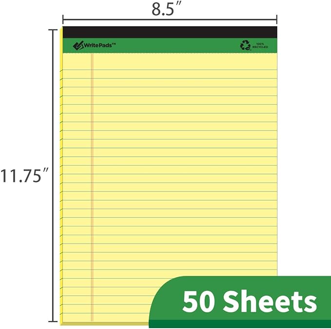 KAISA Premium Legal Pads Writing Pads Notepads With Rigid Chipboard Back Support, 8.5x11 inch Wide Ruled, Perforated 20lb Recycled Paper Pads 50sheets/Pad, Canary 12pad, KSU-6931