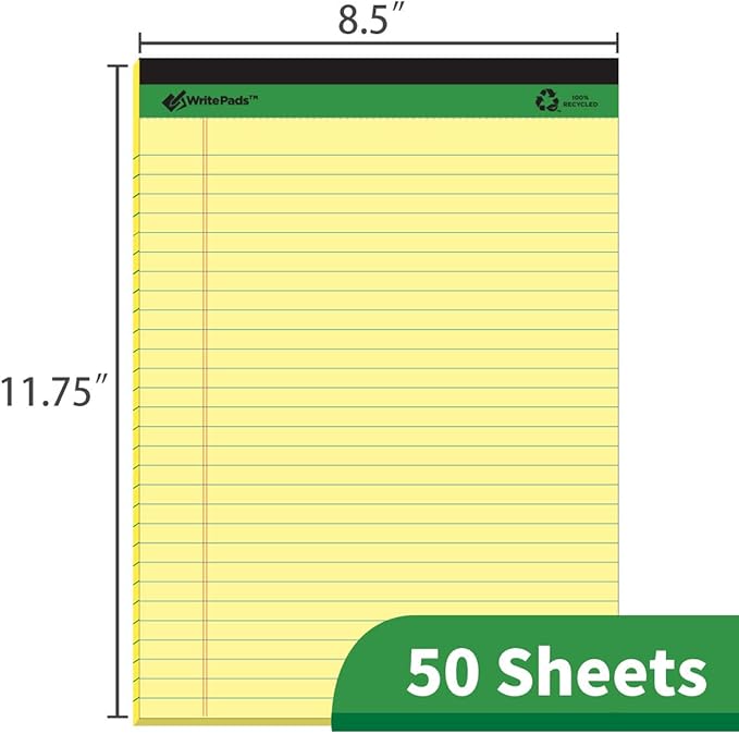 KAISA Premium Legal Pads Writing Pads Notepads With Rigid Chipboard Back Support, 8.5x11 inch Wide Ruled, Perforated 20lb Recycled Paper Pads 50sheets/Pad, Canary 12pad, KSU-6931