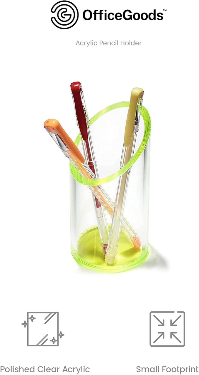 OfficeGoods Acrylic Pen & Pencil Holder - Modern Cylinder Design - Beautiful Desk Organizer for Home or Office - Contrasting Base & Rim - 5.25” H x 2.5” W - Neon Green