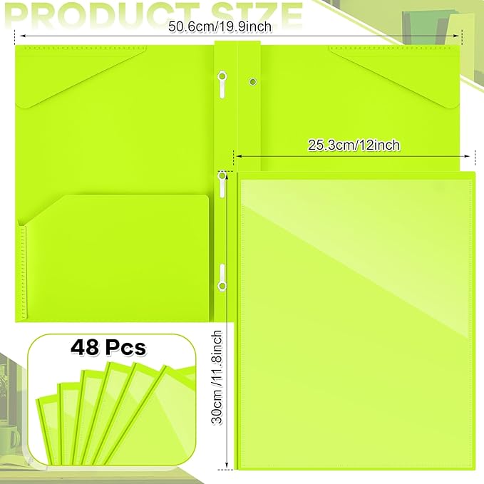 Henoyso 48 Pcs Plastic Folder with Clear Front Pocket and 3 Prongs Heavy Duty Plastic Folders with Card Slot Pocket Folders with Prongs for School Office Home(Fluorescent Green)