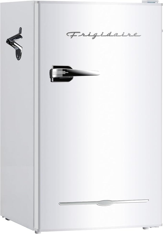 Frigidaire Retro Compact Fridge with Chiller, 3.2 cu ft Countertop Fridge with Built-In Bottle Opener, Compact Refrigerator for Office, Bedroom, Dorm Room or Cabin - 18.7"D x 19.01"W x 33.27"H (White)