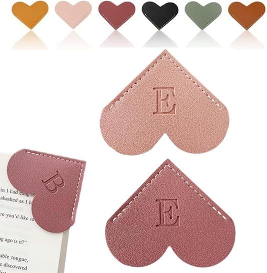 Personalized Leather Heart Bookmark, 26 Letters Customized Corner Book Mark for Reading Women, Book Marker with Initials，Cute Gifts (Light Pink+Deep Pink, E)