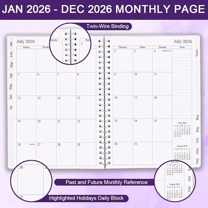2026 Planner - Monthly Planner Runs January 2026 to December 2026, 6.25" x 8.25", 12 Monthly Tabs, 14 Notes Page, Inner Pocket, Flexible Cover with Twin-Wire Binding, Planners 2026, Purple