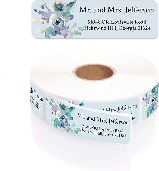 Blue Watercolor Floral Rolled Address Labels / 500 Personalized Return Address Labels/Designer Address Stickers in Elegant Plastic Dispenser