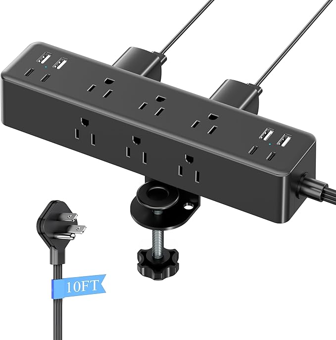 Flat Plug Desk Clamp Power Strip 10FT, 24W Total Charging Station, Desk Edge Mount Power Strip 9 AC Outlets 8 USB Ports Surge Protector, Fit 1.7" Tabletop Edge, Home Office Accessories