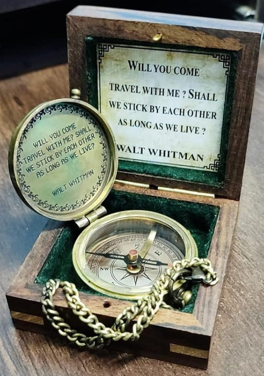 Will You Come Travel With Me? Shall We Stick By Each Other As Long As We Live? Vintage Quote Brass Compass with Wooden Box Scripture-WALT WHITMAN, Gifts Idea, Girls/Boys, Lovers, Husband, Wife, Fiancé