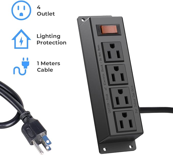 Wall Mount Power Outlet Strip, 4 Outlet Mountable Power Strip with Switch, 3ft Cord Under Desk Power Strip for Office/Industrial/Home, Flat Plug, Black