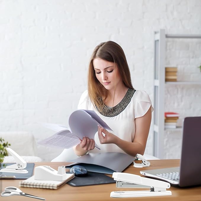 sportsvoutdoors White Desk Accessories, White Office Supplies,Large Stapler and Tape Dispenser Set, White Desk Accessory Kit, Gift for Students, Women, Coworkers, Boss Lady, Office Clerks