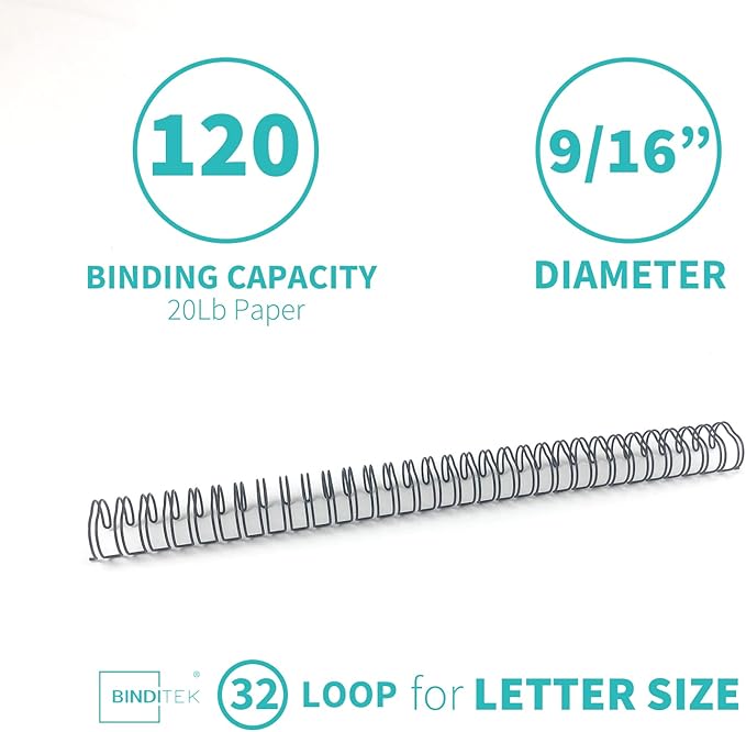 Binditek 100 Pack Double Loop Wire Binding Spines, 9/16Inch Binding Wire for Letter size, 3:1 Pitch, 120 Sheet Capacity, 32-Loop, Black, for Students and Coworkers