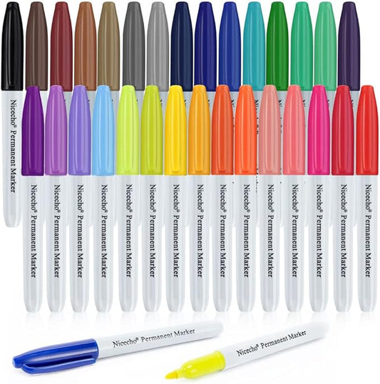 Nicecho Permanent Markers, 30 Colored Fine Point Marker Pens, Waterproof Marker Works on Paper, Plastic, Wood, Metal and Glass