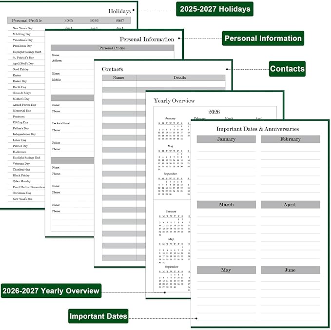 2026 Daily & Monthly Planner - 2026 Daily Planner One Page Per Day from January 2026 to December 2026, 5.8'' x 8.3'' Hourly Appointment Book Perfect Organizer Daily Life, Fabric Cover, Green