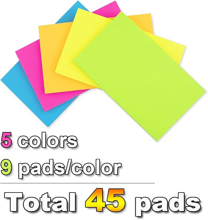 (45 Pads) Sticky Notes 3x5 in Bright Stickies Colorful Super Sticking Power Memo Pads Strong Adhesive
