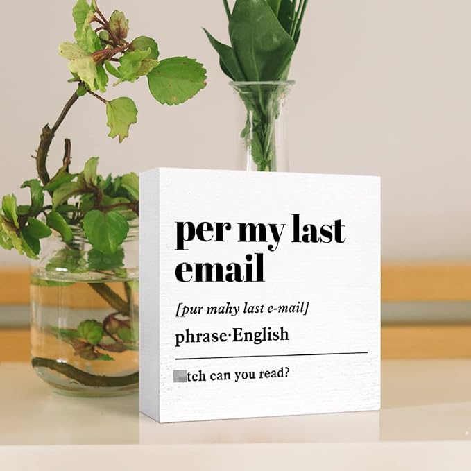 Funny Wooden Block Sign - 'Per My Last Email' Definition Humorous Desk Decor for Home Office Cubicle, Office Gift