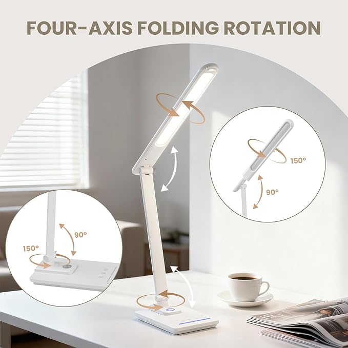 TECHNOVA LED Desk Lamp with 5 Color Temperatures | Sliding Stepless Dimming & One-Touch Timer | Foldable & Portable Design for Office/Study/Nail Art | USB Charging & Four-Axis Rotation for Small Desks