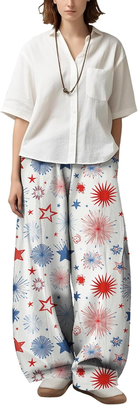 Zaswen Women's Oversize Loose Fit Breathable Pants Wide Leg Lounge Pants Fashion Casual Fireworks Print Trousers with Pockets