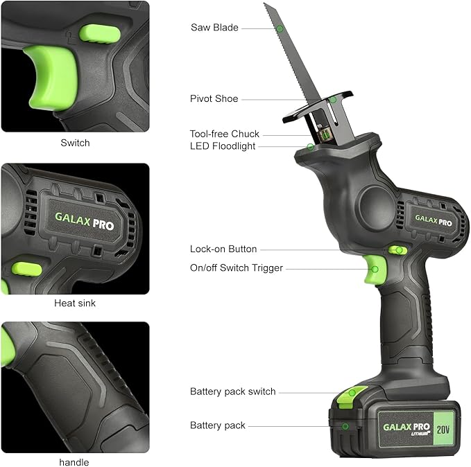 GALAX PRO 20V Cordless Reciprocating Saw, 0-3000RPM Variable Speed Power Reciprocating with 4.0Ah Battery, 2pcs Wood Blades & 1pcs Metal Blade